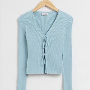 ISO & Other Stories Tie-Front Ribbed Cardigan in Dusty Turquoise